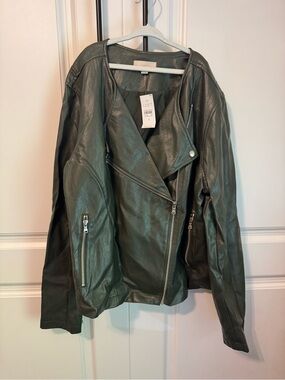 New LOFT Dark Green Faux Leather Asymmetrical Moto Jacket